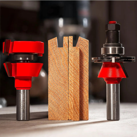 Premier Adjustable Rail And Stile Router Bit For Doors And Windows with red components and wooden sample in a workshop setting