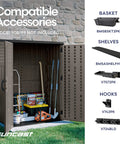 Weatherproof Outdoor Storage Cabinet Vertical Shed with Lockable Padlock-Ready Handles open showing tools stored inside.