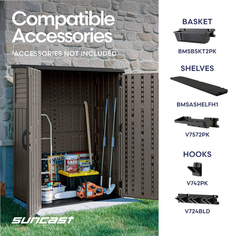 Weatherproof Outdoor Storage Cabinet Vertical Shed with Lockable Padlock-Ready Handles open showing tools stored inside.