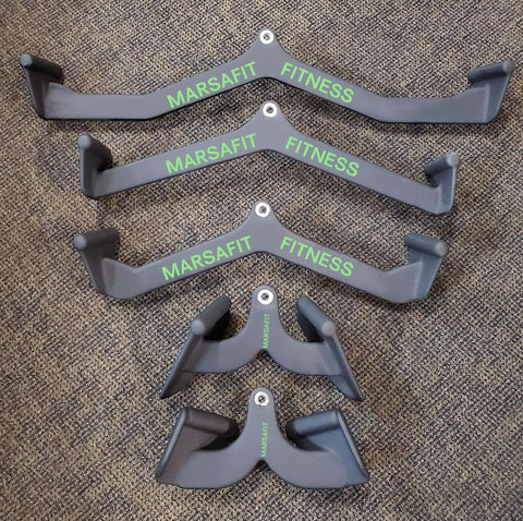 Solid Steel Lat Pull Down Bar Attachment For Cable Machines, V Bar And T Bar Combo with ergonomic grips on carpet