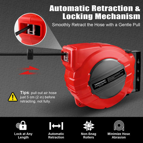 Retractable Air Hose Reel With One Quarter Inch By Fifty Feet Hybrid Polymer Hose, Auto Rewind, Wall Mount, dark gray and red