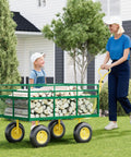 Heavy Duty Steel Garden Cart Wagon With 1400 Lb Capacity, 13 Inch All Terrain Tires in use on a lawn carrying logs