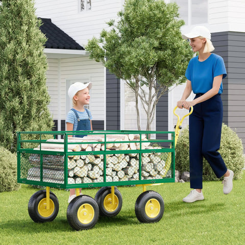 Heavy Duty Steel Garden Cart Wagon With 1400 Lb Capacity, 13 Inch All Terrain Tires in use on a lawn carrying logs