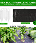 Weed Barrier Landscape Fabric Heavy Duty 3.2oz Ground Cover Mat with 10 U Shaped Pegs shown in garden usage scenario.