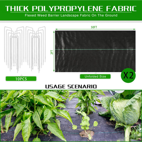 Weed Barrier Landscape Fabric Heavy Duty 3.2oz Ground Cover Mat with 10 U Shaped Pegs shown in garden usage scenario.