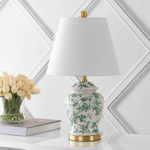 22 Inch White And Green Ceramic Table Lamp With White Linen Shade, French Country Chinoiserie Ginger Jar Bedside Lamp For Living Room And Bedroom, LED Bulbs Included, ETL Listed