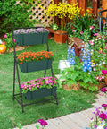 3 Tier Vertical Raised Garden Bed Standing Planter Box For Vegetables Herbs And Flowers Indoor Outdoor Space Saving Garden Organizer In Green Easy Assembly Ready To Go For Any Balcony Or Patio And Built To Last in a garden setting with colorful flowers.