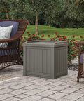 22 Gallon Outdoor Storage Box With Seat In Stone Gray Resin on patio, surrounded by wicker furniture in a garden setting