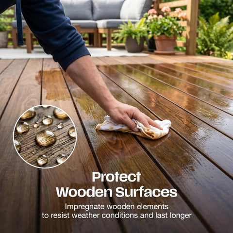 Natural Linseed Oil Wood Protector And Clear Varnish 500 Ml applied to wooden deck, enhancing shine and protection.