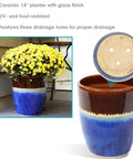 Captivating Vista 14 Inch Ceramic Planter For Indoor And Outdoor Use, Big Ol Beachcomber Style with yellow flowers and drainage holes.