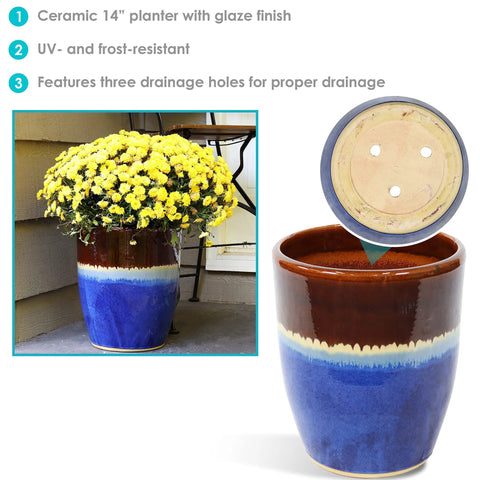 Captivating Vista 14 Inch Ceramic Planter For Indoor And Outdoor Use, Big Ol Beachcomber Style with yellow flowers and drainage holes.