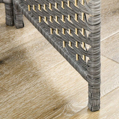 Close-up of mixed gray hand-woven PP panel with pine wood on Renters Friendly Ready To Use Six Foot Four Panel Room Divider