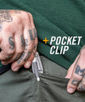 Paraframe Mini Pocket Knife EDC Folding Knife 2.2 Inch Fine Edge Stainless Steel with pocket clip in green pants pocket.