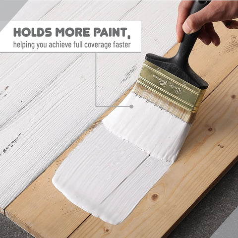 4 Inch Soft Tip Paint Brush For Walls And Trim With Pro Grade Synthetic Bristles That Hold More Paint For Fewer Strokes, Ideal For Latex And Oil Based Paints And Stains, Delivers Smooth Professional Finish On Interior Surfaces, shown painting wood