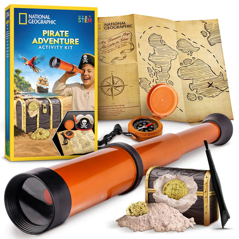 Pirate Adventure Activity Kit For Kids Hands On Treasure Digging Craft A Pirate Hat And Map With Spyglass Compass Telescope And Real Treasure Replicas Includes Doubloon And Pyrite STEM Toys