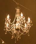 Plug In 6 Light Crystal Hanging Swag Chandelier With White Metal Frame Clear Glass Stem And Acrylic Crystals illuminated