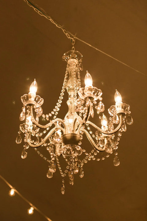 Plug In 6 Light Crystal Hanging Swag Chandelier With White Metal Frame Clear Glass Stem And Acrylic Crystals illuminated