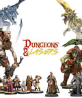 Fantasy miniatures display from Dungeons & Lasers, featuring various creatures and characters for tabletop RPGs.