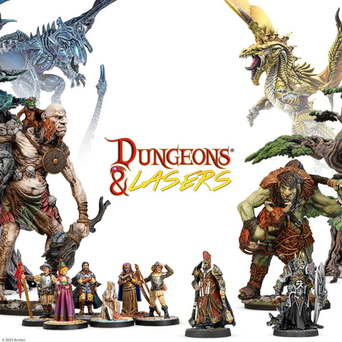 Fantasy miniatures display from Dungeons & Lasers, featuring various creatures and characters for tabletop RPGs.