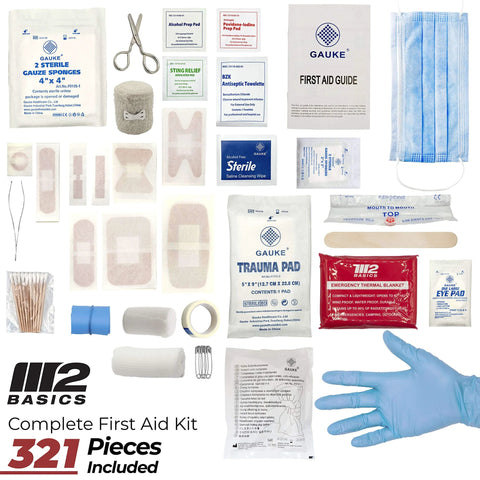 Front view collage of M2 BASICS 321-piece first aid kit contents with bandages, pads, scissors, wipes, and blue gloves