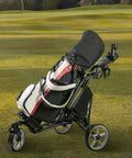 Lightweight Three Wheel Golf Push Cart With No Sweat Fold Design and Rolls Smooth Front Wheel with adjustable handle and cooler basket.