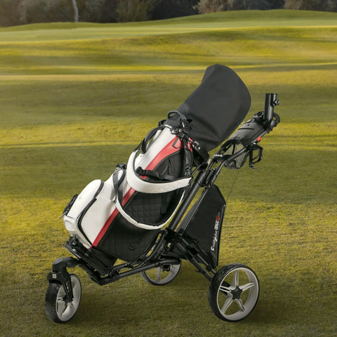 Lightweight Three Wheel Golf Push Cart With No Sweat Fold Design and Rolls Smooth Front Wheel with adjustable handle and cooler basket.