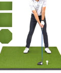 Person practicing on Elite 5 By 4 Foot Golf Hitting Mat with 15 Mm Artificial Turf and EVA Foam Base, includes 3 rubber tees