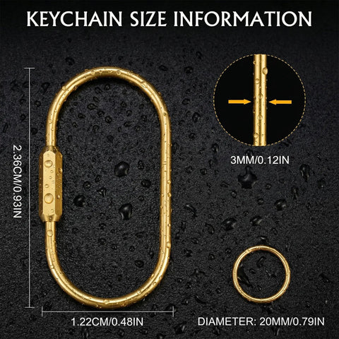 Six Pack Gold Carabiner Key Ring Clips With Brass Screw Lock For Backpacks shown with size dimensions in close-up image.