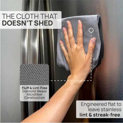 Hand using Stainless Steel Cleaning Cloths 8 Pack For Wiping Appliances And Surfaces With Just Water No Chemicals Safe For Food Prep Kids And Pets Streak Free Scratch Free Microfiber Restores Factory Shine For Home And Commercial Use on fridge