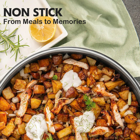 13 Inch Hybrid Wok Pan With Nonstick Coating For Effortless Stir Fry filled with roasted potatoes and herbs