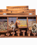 Wooden Squirrel Picnic Table Feeder With Four Seed Compartments And Seven Tier Bar Stools, Durable Burnt Wood Finish with squirrels
