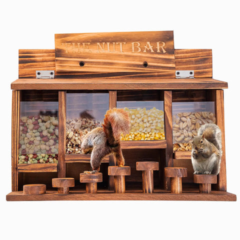 Wooden Squirrel Picnic Table Feeder With Four Seed Compartments And Seven Tier Bar Stools, Durable Burnt Wood Finish with squirrels