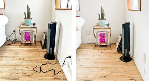 Living room with before and after views of Original and Patented Ultra Thin Outlet Concealer Kit With Cord Concealer for Inverted Outlets