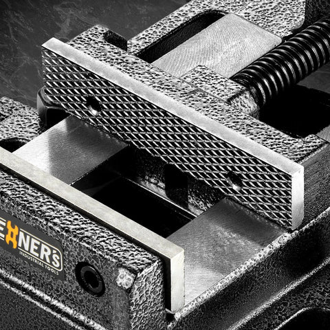 Close-up of grooved jaws on Bench Vise Built Tough As Nails In Forged Steel, 4-1/4 Inch Capacity Drill Press Vise.