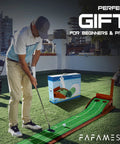 Man using Indoor Golf Putting Mat With Ball Return Realistic Putt Surface Portable Putting Green Training Aid For Home Office Great Christmas Gift For Men And Golf Fans on rooftop.
