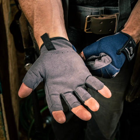 Tough As Nails Fingerless Work Gloves For Men And Women Featuring Padded Palms Rock Solid Knuckle Protection And Exposed Fingertips For Straight Up Precision Control In X Large, showing a gray fingerless glove in hand.