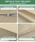 Collage showing 4 Pack Outdoor Chair Cushions Faux Linen For Patio Furniture With Deep Seat Cushions And Plush Backrest Cozy Support Water Resistant Ties And Removable Covers Non Slip Bottom 24 By 24 Inch Nature, with detailed features like concealed zipper, breathable faux linen, elegant piped edges, and tear-resistant seams.