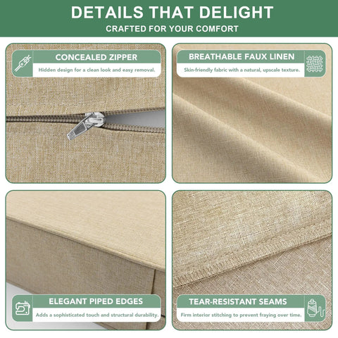 Collage showing 4 Pack Outdoor Chair Cushions Faux Linen For Patio Furniture With Deep Seat Cushions And Plush Backrest Cozy Support Water Resistant Ties And Removable Covers Non Slip Bottom 24 By 24 Inch Nature, with detailed features like concealed zipper, breathable faux linen, elegant piped edges, and tear-resistant seams.