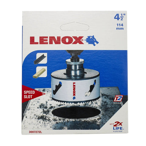 Bi-Metal Hole Saw With Speed Slot For Metal Cutting, T3 Technology, 4-1/2 Inch packaging displaying saw on metal