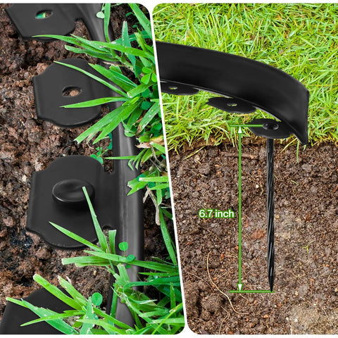 Close-up of 2-Inch By 200-Foot Landscape Edging Kit With 120 Spikes And 10 Connectors installed in soil, showing 6.7-inch spike depth.