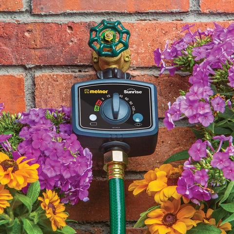 Sunrise Daily Water Timer For Garden Irrigation, Auto Morning Watering On Schedule, mounted on brick wall near flowers.