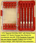 Five Piece Parabolic Flute Drill Bit Set for Wood in Nine Sixty Four Inch Size, Includes Number Six Tapered Countersink Bits, HSS M2 Grade 6542, Stored in Durable Plastic Case, Replacement for Countersink Bit Set by FTG USA.