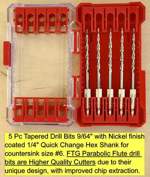 Five Piece Parabolic Flute Drill Bit Set for Wood in Nine Sixty Four Inch Size, Includes Number Six Tapered Countersink Bits, HSS M2 Grade 6542, Stored in Durable Plastic Case, Replacement for Countersink Bit Set by FTG USA.