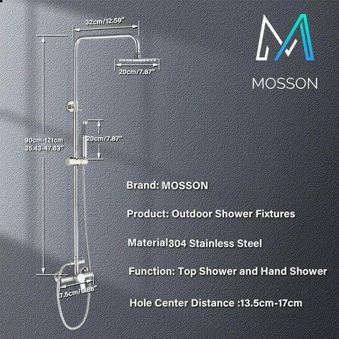 8 Inch Rain Shower System With Handheld Sprayer And Wall Mount Faucet In Brushed Nickel Outdoor Indoor Shower Fixtures 304 Stainless Steel Tarnish Resistant Single Handle Dual Function Bath Shower Set on dark background with measurements and brand logo.
