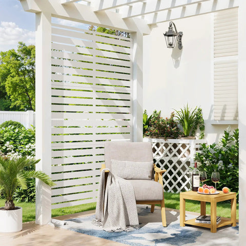 Outdoor Metal Privacy Screen Freestanding 6Ft Room Divider Panel 72In High By 47In Wide With Stand White in patio setting