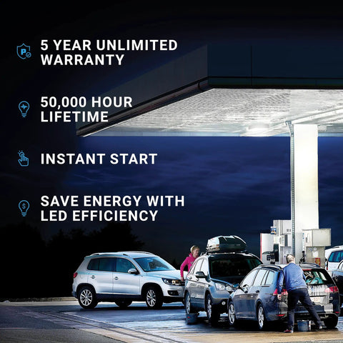 Gas station illuminated by LED Canopy Light 45W 0-10V Dimmable 110-277V IP65 Waterproof ETL Listed Daylight 5000K with warranty info.
