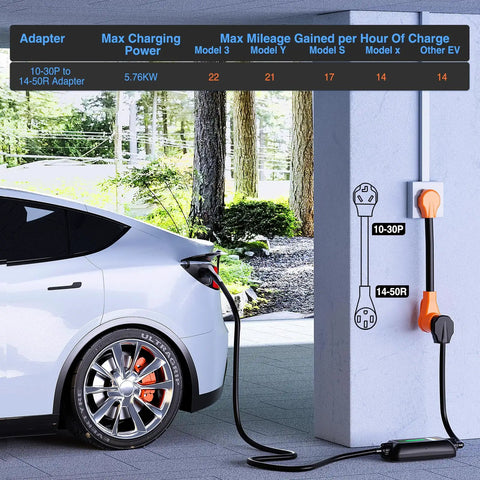 30A To 50A EV Charger Adapter Cord With Heavy Duty 10 Gauge Copper Wire NEMA 10-30P To 14-50R in use with electric car