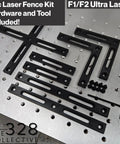 Pro Grade Laser Engraver Fence Kit For F1 And F2 Ultra, 7-piece set with hardware and tool on a metal surface, black plastic build.