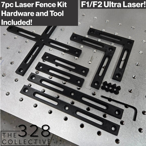 Pro Grade Laser Engraver Fence Kit For F1 And F2 Ultra, 7-piece set with hardware and tool on a metal surface, black plastic build.