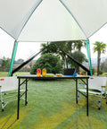 11x11 Ft Screen House With Mesh Net Tent Canopy Shelter Gazebo set up on grass with table and chairs inside, blue waterproof sunshade